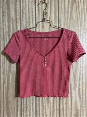 American Eagle Outfitters Ribbed Henley Crop Top - Dusty Rose
